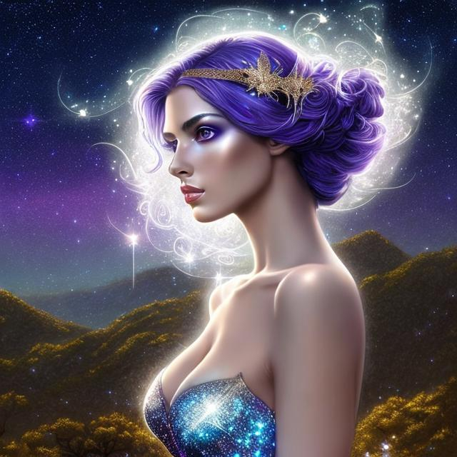 Prompt: HD 4k 3D, hyper realistic, professional modeling, ethereal Greek goddess of the stars, shiny purple hair, dark freckled skin, gorgeous face, gorgeous dark starry dress, dark starry jewelry and crown of stars, fairy wings, full body, ambient starlight glow, overlooking mountain, dazzling light, landscape, detailed, elegant, ethereal, mythical, Greek, goddess, surreal lighting, majestic, goddesslike aura