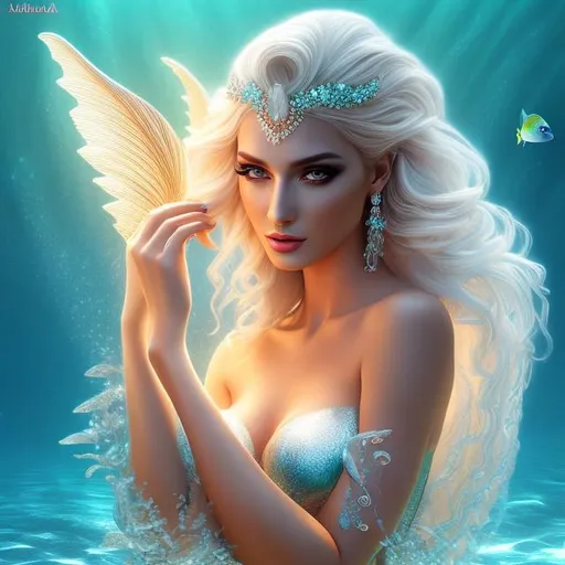 Prompt: HD 4k 3D 8k professional modeling photo hyper realistic beautiful woman ethereal greek goddess sea nymph 
white hair mixed skin gorgeous face ocean jewelry ocean tiara  mermaid tail full body surrounded by ambient glow hd landscape seals

