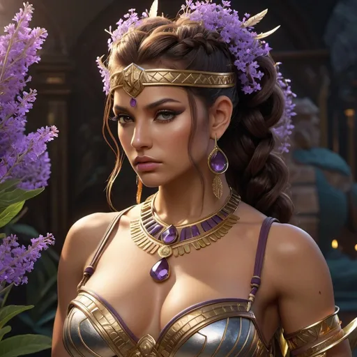 Prompt: HD 4k 3D, 8k, hyper realistic, professional modeling, ethereal Greek Goddess and Amazonian Warrior, brown double ponytail hair, medium skin, gorgeous glowing face, Amazonian Warrior armor, amethyst jewelry and tiara, Amazon warrior, tattoos, full body, Mediterranean island, adorned with verbena flowers, challenging and confrontational, surrounded by ambient divine glow, detailed, elegant, mythical, surreal dramatic lighting, majestic, goddesslike aura