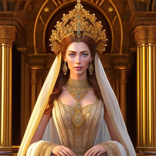 Prompt: HD 4k 3D 8k professional modeling photo hyper realistic beautiful regal Queen woman ethereal greek goddess of virtue and character
scarlet hair blue eyes fair freckled skin gorgeous face regal grecian gown opulent jewelry crown full body surrounded by ambient glorious glow hd landscape background on church throne, stained glass, vases, lamps
