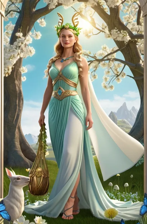 Prompt: Eostre Norse Goddess of Spring, hyperrealistic, HD 4k 3D 8k professional modeling photo, beautiful medium-tone maiden, enchanted, the divinity of the radiant dawn, of upspringing light, a spectacle that brings joy and blessing, surrounded by ambient glow, magical, highly detailed, intricate, mythical background, elegant, surreal lighting, majestic, goddesslike aura