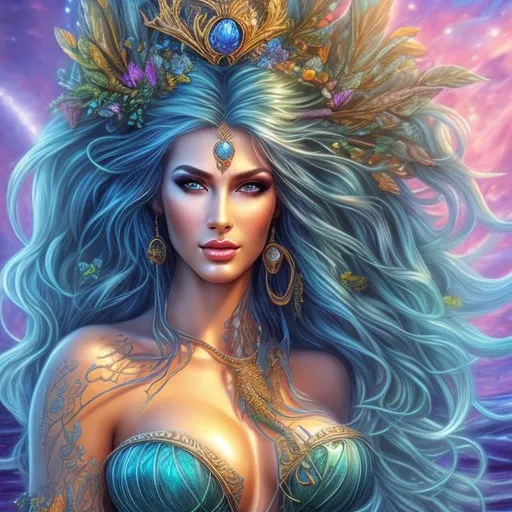 Prompt: HD 4k 3D 8k professional modeling photo hyper realistic beautiful woman ethereal greek goddess druid mermaid
cobalt blue hair olive skin gorgeous face  jewelry druid crown colored mermaid tail full body surrounded by ambient glow hd landscape under lush celtic waters

