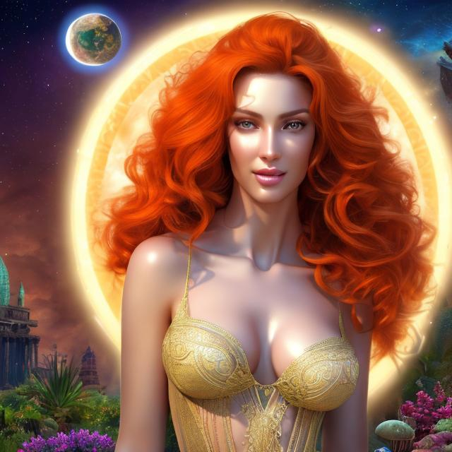 Prompt: HD 4k 3D 8k professional modeling photo hyper realistic beautiful sultry woman ethereal greek goddess of affection and friendship
straight orange hair green eyes gorgeous face pale skin sheer lace grecian dress ornate jewelry diadem curvy full body surrounded by ambient glow hd landscape background she is surrounded by creation and life, plants, animals, people, sun, moon
