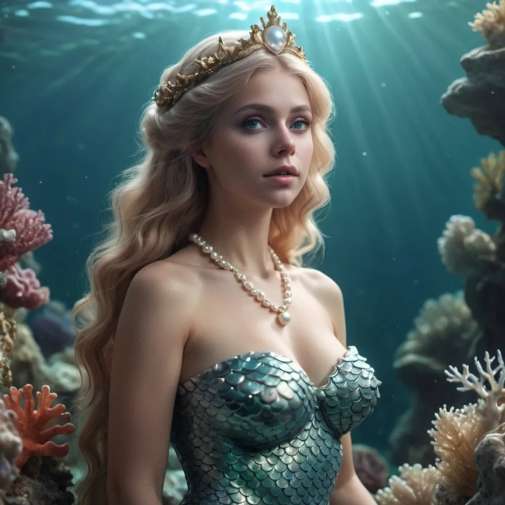 Prompt: HD 4k 3D, hyper realistic, professional modeling, enchanted Denmark Mermaid Princess - Marina, pearls, beautiful, magical, coral reef, high fantasy background, detailed, highly realistic woman, elegant, ethereal, mythical, Greek goddess, surreal lighting, majestic, goddesslike aura