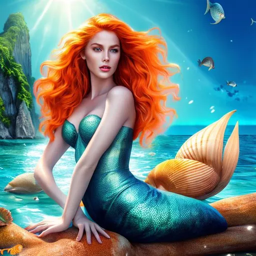 Prompt: HD 4k 3D 8k professional modeling photo hyper realistic beautiful woman ethereal greek goddess protector of mariners mermaid
orange hair gorgeous face seashell jewelry seashell headband beautiful mermaid tail full body surrounded by ambient glow hd landscape mermaid on rocks in ocean watching ships
