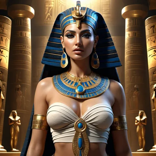 Prompt: HD 4k 3D 8k professional modeling photo hyper realistic beautiful woman Egyptian Princess Nefertiri, ethereal greek goddess gorgeous face full body surrounded by ambient glow, enchanted, magical, detailed, highly realistic woman, high fantasy background, Egyptian Underworld, book of the dead, elegant, mythical, surreal lighting, majestic, goddesslike aura, Annie Leibovitz style 

