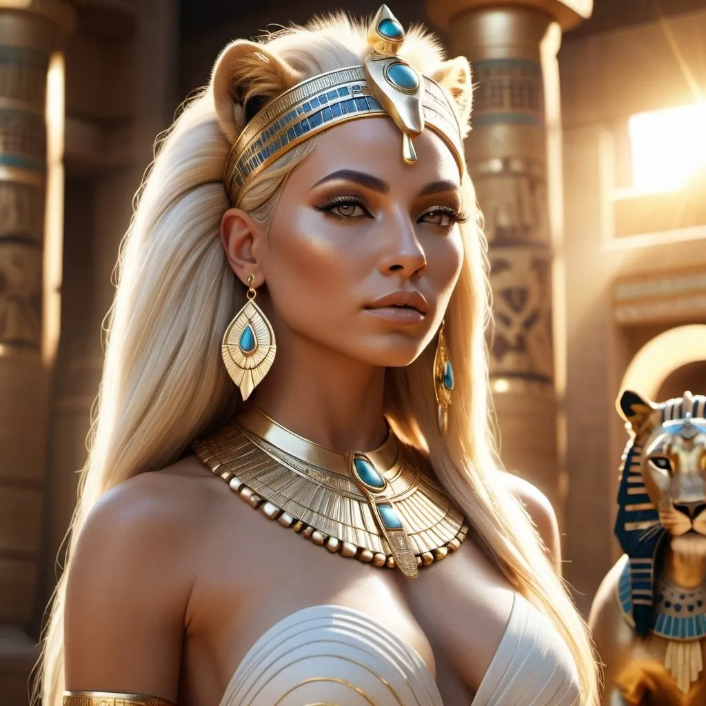 Prompt: HD 4k 3D, 8k, hyper realistic, professional modeling, ethereal Egyptian Goddess style, Lioness goddess, beautiful, glowing white skin, blonde hair, mythical fur clothing and jewelry, headpiece, full body, sunshine, Fantasy setting, surrounded by ambient divine glow, detailed, elegant, surreal dramatic lighting, majestic, goddesslike aura, octane render, artistic and whimsical