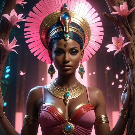 Prompt: HD 4k 3D, 8k, hyper realistic, professional modeling, ethereal Egyptian Underworld Goddess Imentet, beautiful, glowing black skin, pink hair, mythical red dress clothing and jewelry, tiara, goddess of the West, full body, living in a tree in paradise, birds of prey, Fantasy setting, surrounded by ambient divine glow, detailed, elegant, surreal dramatic lighting, majestic, goddesslike aura, octane render