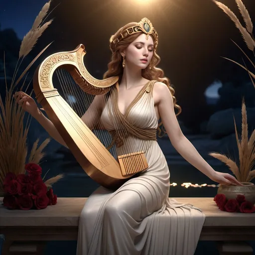 Prompt: HD 4k 3D, hyper realistic, professional modeling, ethereal Greek Muse of Upper Chord of the Lyre, light brown hair, pale skin, gorgeous face, grecian velvet dress, ruby jewelry and headpiece, full body, tall and lithe, playing music, cattails next to stream, twilight, detailed, elegant, ethereal, mythical, Greek, goddess, surreal lighting, majestic, goddesslike aura