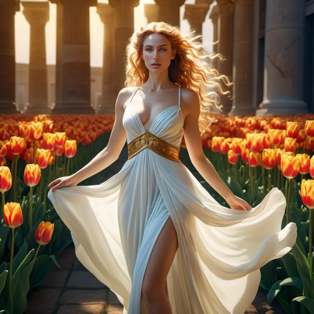 Prompt: HD 4k 3D 8k professional modeling photo hyper realistic beautiful woman Dutch Summer Princess ethereal greek goddess gorgeous face full body surrounded by ambient glow, enchanted, magical, detailed, highly realistic woman, high fantasy background, tulip dress, elegant, mythical, surreal lighting, majestic, goddesslike aura, Annie Leibovitz style 

