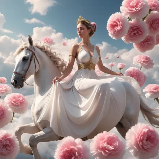 Prompt: HD 4k 3D, 8k, hyper realistic, professional modeling, ethereal Greek Goddess Princess, white braided bun, fair skin, gorgeous face, flowing dress, pink gemstone jewelry and diadem, flying through clouds riding on pegasus  covered in carnations, surrounded by ambient divine glow, detailed, elegant, ethereal, mythical, Greek, goddess, surreal lighting, majestic, goddesslike aura