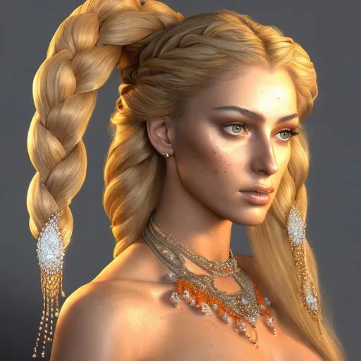 Prompt: HD 4k 3D, hyper realistic, professional modeling, ethereal Greek goddess "the bringer", orange and blonde dutch braids, fair freckled skin, alluring gown, gorgeous face, modest jewelry and diadem, full body, ambient glow, alluring goddess with scorpion tattoo, bringer of welfare, detailed, elegant, ethereal, mythical, Greek, goddess, surreal lighting, majestic, goddesslike aura