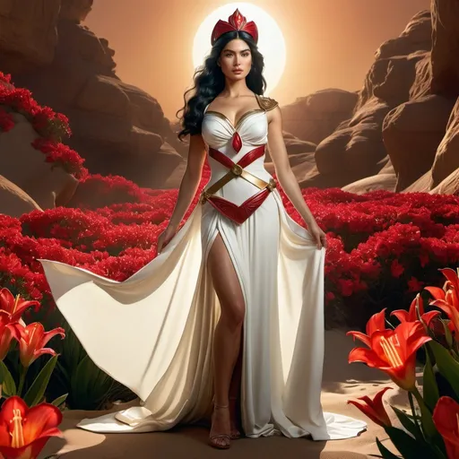 Prompt: HD 4k 3D 8k professional modeling photo hyper realistic beautiful woman enchanted Mars Princess Rei, ethereal greek goddess, full body surrounded by ambient glow, magical, highly detailed, intricate, beautiful Sailor Mars style, Mars, rubies and white casablanca lilies, outdoor landscape, highly realistic woman, high fantasy background, elegant, mythical, surreal lighting, majestic, goddesslike aura, Annie Leibovitz style 

