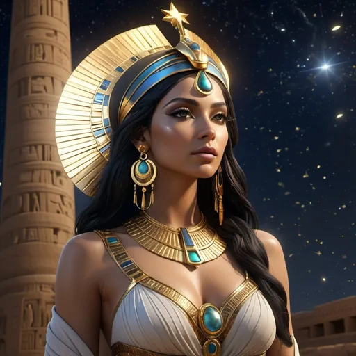 Prompt: HD 4k 3D, 8k, hyper realistic, professional modeling, ethereal Egyptian Goddess style, Goddess of the skies and heavens, beautiful, star covered gowns, glowing olive skin, black hair, mythical outfit covered in stars and jewelry, headband, full body, heavenly night sky, Fantasy setting, surrounded by ambient divine glow, detailed, elegant, surreal dramatic lighting, majestic, goddesslike aura, octane render, artistic and whimsical