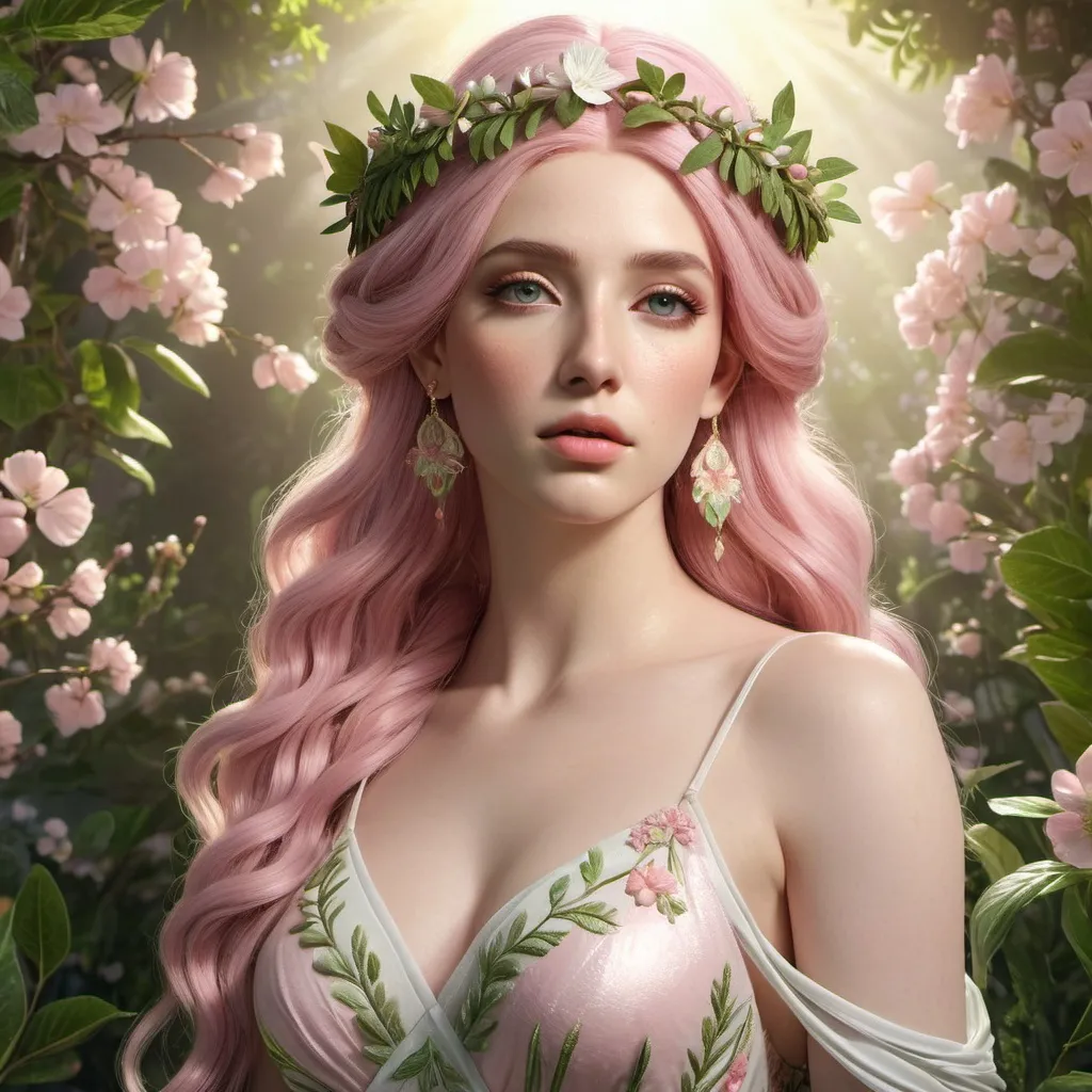 Prompt: HD 4k 3D, hyper realistic, professional modeling, ethereal Greek goddess of spring, pastel pink hair, pale skin, gorgeous face, floral embroidered gown, pastel jewelry and floral crown, full body, embodiment of Springtime, lush greenery, vegetation, and flora, detailed, elegant, ethereal, mythical, Greek, goddess, surreal lighting, majestic, goddesslike aura