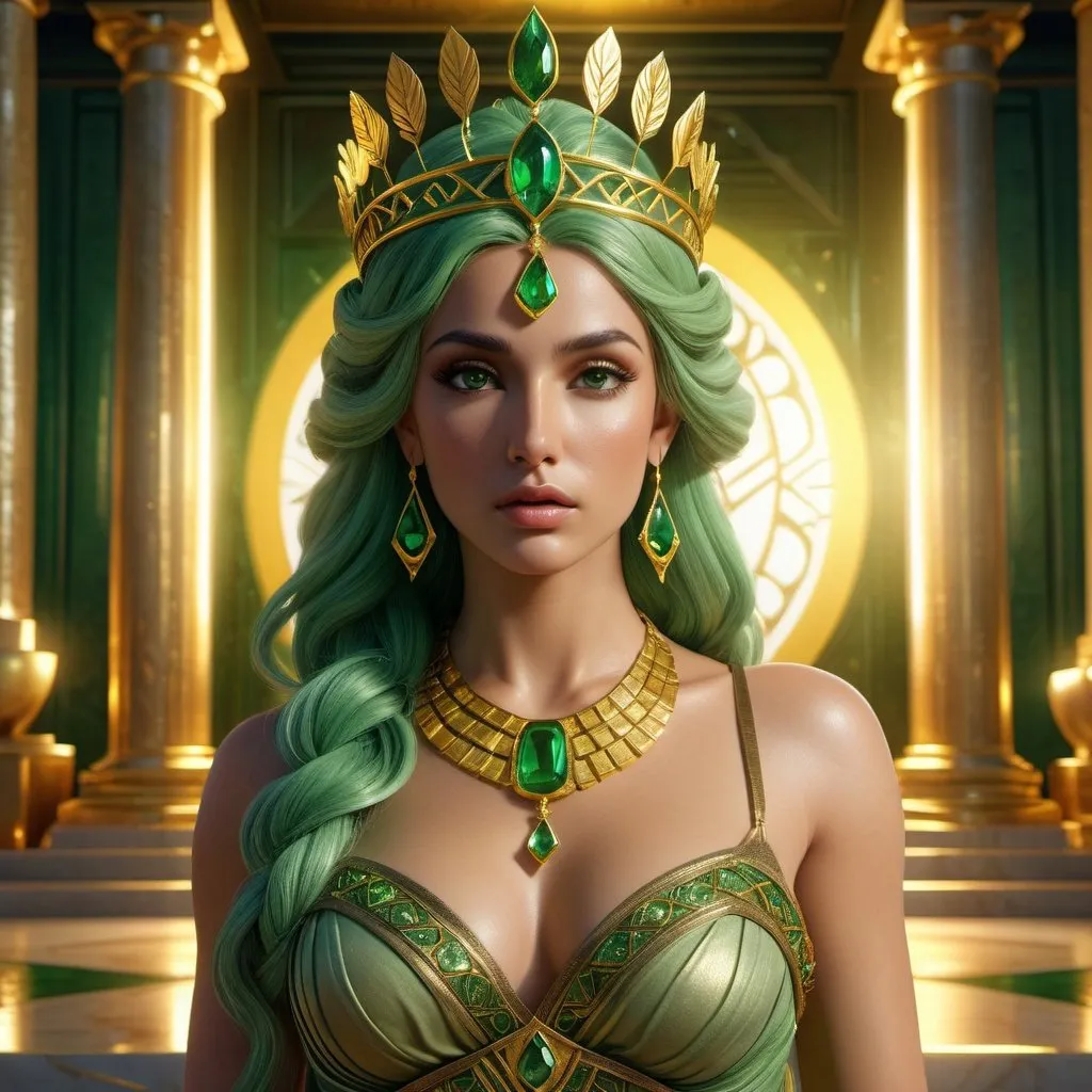 Prompt: HD 4k 3D, 8k, hyper realistic, professional modeling, ethereal Greek Goddess Argive Princess, green hair, tan skin, gorgeous glowing face, regal gown, yellow gemstone jewelry and diadem, bronze chamber, riches, tower, surrounded by ambient divinity glow, detailed, elegant, mythical, surreal dramatic lighting, majestic, goddesslike aura