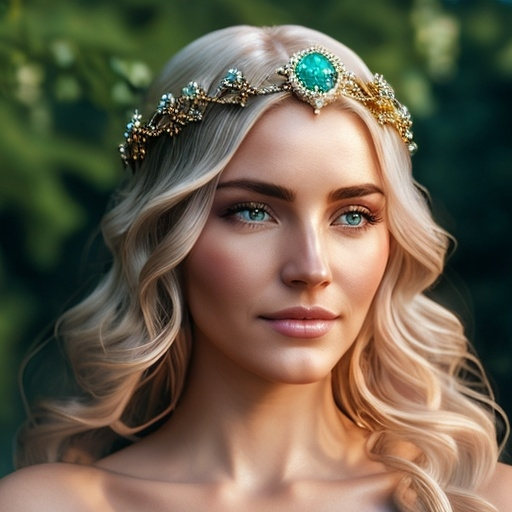 Prompt: Ceridwen, evil Welsh witch, lives near Bala Lake  in north Wales. Medieval Welsh poetry refers to her as possessing the cauldron of poetic inspiration. Ceridwen is regarded by many modern pagans as the Celtic goddess of rebirth, transformation, and inspiration, hyper realistic, HD 4k 3D, professional modeling, ethereal, blonde hair, white skin, gorgeous face, jewelry and headpiece, ambient divine glow, detailed and intricate, elegant, ethereal, mythical, goddess, radiant lighting, majestic, goddesslike aura