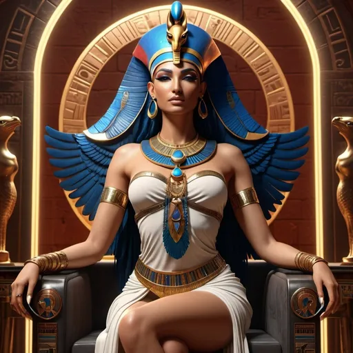 Prompt: HD 4k 3D, 8k, hyper realistic, professional modeling, ethereal Egyptian Magic Goddess Isis, beautiful, glowing beige skin, red hair, mythical  clothing and jewelry, crescent moon diadem, goddess of magic, full body, scorpion tattoo, paradise on throne, cobra, Fantasy setting, surrounded by ambient divine glow, detailed, elegant, surreal dramatic lighting, majestic, goddesslike aura, octane render