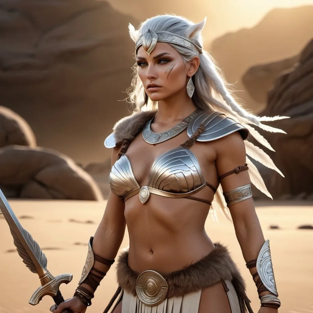 Prompt: HD 4k 3D, 8k, hyper realistic, professional modeling, ethereal Greek Goddess and Amazonian Warrior, silver hair, beige skin, gorgeous glowing face, Amazonian Warrior fur armor, brown jewelry and headpiece, Amazon warrior, tattoos, full body, carrying spear, desert, fierce barbarian, surrounded by ambient divine glow, detailed, elegant, mythical, surreal dramatic lighting, majestic, goddesslike aura