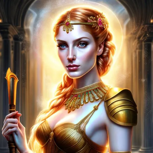 Prompt: HD 4k 3D, hyper realistic, professional modeling, ethereal Greek warrior goddess, pink and red hair, pale skin, gorgeous face, gorgeous peasant gown, modest jewelry and headband, full body, ambient glow, agriculture goddess, standing in front of flour mills, detailed, elegant, ethereal, mythical, Greek, goddess, surreal lighting, majestic, goddesslike aura