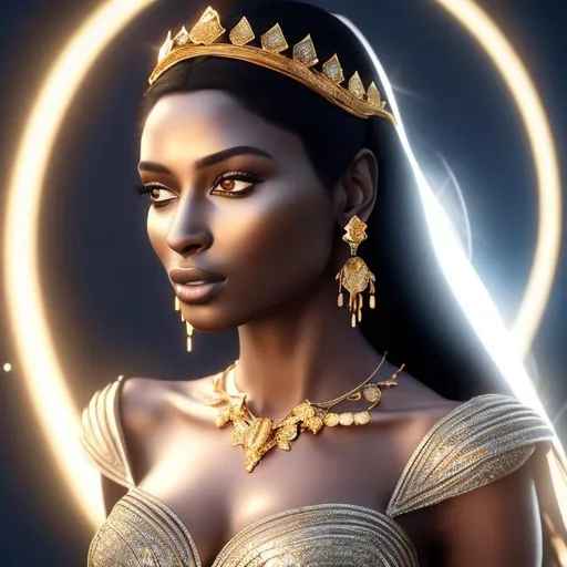 Prompt: HD 4k 3D, hyper realistic, professional modeling, ethereal Greek goddess, silver hair, black skin, glorious gold gown, gorgeous face, shining jewelry and tiara, full body, ambient glow, glorious cosmic light, beautiful bright sun goddess, powerful, detailed, elegant, ethereal, mythical, Greek, goddess, surreal lighting, majestic, goddesslike aura