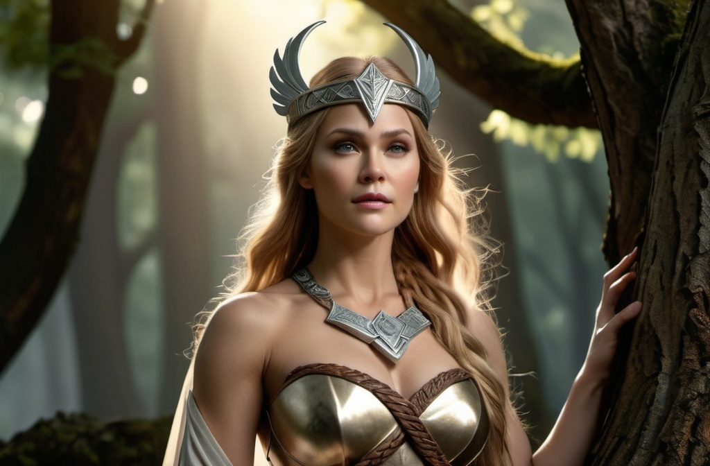 Prompt: Hlin Norse Valkyrie Goddess of Protection, hyper realistic, HD 4k 3D, professional modeling, ethereal, light brown half up hair, mixed skin, gorgeous face, gorgeous jewelry and diadem, full body, in a grove of old trees, ambient glow, detailed, elegant, ethereal, mythical, goddess, moody lighting, majestic, goddesslike aura, Norse Mythology