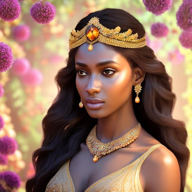 Prompt: HD 4k 3D, hyper realistic, professional modeling, ethereal Greek goddess of plants, brown hair, brown skin, plant gown, gorgeous face, gemstone jewelry and queen headpiece, full body, ambient glow, garden of eden, harvest fruits, blooming plants background, detailed, elegant, ethereal, mythical, Greek, goddess, surreal lighting, majestic, goddesslike aura