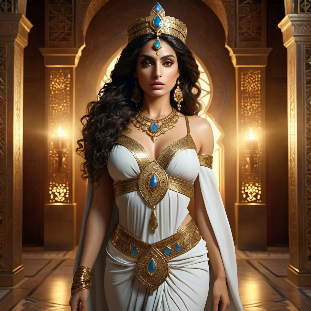 Prompt: HD 4k 3D 8k professional modeling photo hyper realistic beautiful woman Princess of Persia ethereal greek goddess gorgeous face full body surrounded by ambient glow, enchanted, magical, detailed, highly realistic woman, high fantasy background, Moroccan kingdom, elegant, mythical, surreal lighting, majestic, goddesslike aura, Annie Leibovitz style 

