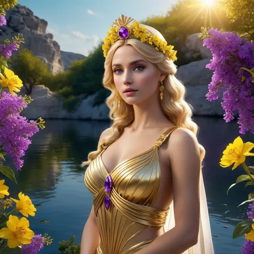 Prompt: HD 4k 3D 8k professional modeling photo hyper realistic beautiful woman princess ethereal greek goddess european nymph 
blonde hair fair skin gorgeous face  jewelry tiara  full body surrounded by ambient glow hd landscape river yellow and purple flowers vegetation

