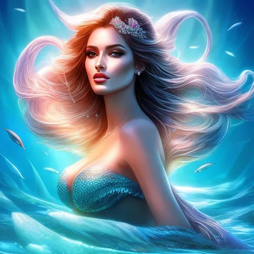 Prompt: HD 4k 3D 8k professional modeling photo hyper realistic beautiful woman ethereal greek goddess sea nymph of calm seas
black hair dark skin gorgeous face  ocean jewelry ocean headband headpiece mermaid tail full body surrounded by ambient glow hd landscape under the ocean calm waters jellyfish 

