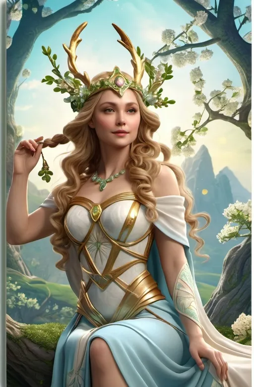 Prompt: Eostre Norse Goddess of Spring, hyperrealistic, HD 4k 3D 8k professional modeling photo, beautiful medium-tone maiden, enchanted, the divinity of the radiant dawn, of upspringing light, a spectacle that brings joy and blessing, surrounded by ambient glow, magical, highly detailed, intricate, mythical background, elegant, surreal lighting, majestic, goddesslike aura