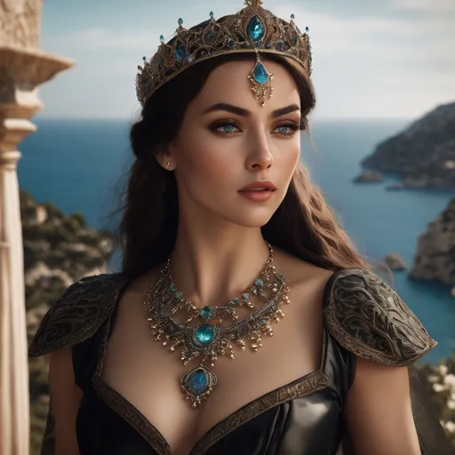 Prompt: Alcina, evil sorceress, The beautiful Alcina seduces every knight that lands on her isle, but soon tires of her lovers and changes them into stones, animals, plants, or anything that strikes her fancy, hyper realistic, HD 4k 3D, professional modeling, ethereal, brown hair, fair skin, gorgeous face, gorgeous jewelry and crown, powerful witch on an italian island, ambient divine glow, detailed and intricate, elegant, ethereal, mythical, goddess, radiant lighting, majestic, goddesslike aura