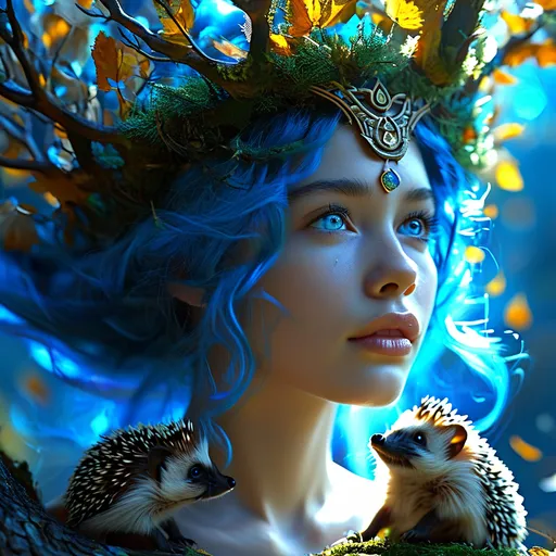 Prompt: Intercidona, blue haired Roman Goddess of axes and trees, tree spirit plant Goddess, pre-Raphaelite time-lapse motion blur Abstract* cyber graffiti, High resolution, detailed portrait, Midjourney style, ethereal atmosphere, flowing hair, captivating eyes, cosmic mystical aura, vibrant colors, soft lighting, professional, digital painting, enchanting presence, fantasy, dreamy, female, mystical, detailed hair, captivating gaze, professional lighting, hyper realistic, HD 4k 3D, professional modeling, ethereal, gorgeous face, ambient divine glow, detailed and intricate, elegant, ethereal, mythical, goddess, radiant lighting, wields an axe, hedgehogs and heather