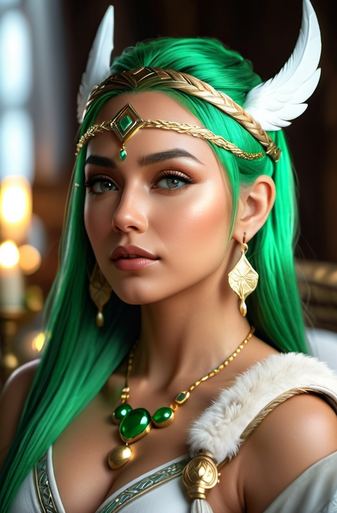 Prompt: Lofn Norse Goddess of comforting love, hyper realistic, HD 4k 3D, professional modeling, ethereal, bright green double ponytail hair, olive skin, gorgeous face, gorgeous jewelry and headband, Valkyrie in a plush bedroom, ambient divine glow, detailed and intricate, elegant, ethereal, mythical, goddess, radiant lighting, majestic, goddesslike aura, Norse Viking Mythology