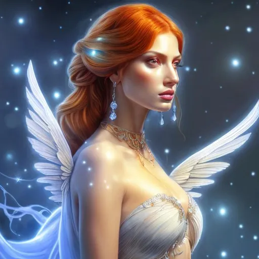 Prompt: HD 4k 3D, hyper realistic, professional modeling, ethereal Greek goddess of healing, red and orange hair, tan skin, gorgeous face, gorgeous sorceress gown, crystal jewelry and diadem, full body, ambient glow, healing goddess, clean white mystical landscape, detailed, elegant, ethereal, mythical, Greek, goddess, surreal lighting, majestic, goddesslike aura