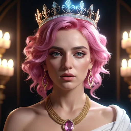 Prompt: HD 4k 3D, 8k, hyper realistic, professional modeling, ethereal Greek Goddess Caeneus, pink hair, fair skin, gorgeous glowing face, androgynous outfit, diamond gemstone jewelry and crown, heroine, powerful, surrounded by ambient divinity glow, detailed, elegant, mythical, surreal dramatic lighting, majestic, goddesslike aura