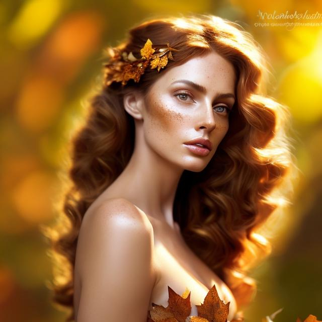 Prompt: HD 4k 3D, hyper realistic, professional modeling, ethereal Greek goddess of autumn, curly auburn hair, fair freckled skin, gorgeous face, gorgeous autumn foliage gown, autumn jewelry and leaf tiara, full body, ambient glow, autumn goddess, autumn forest landscape, detailed, elegant, ethereal, mythical, Greek, goddess, surreal lighting, majestic, goddesslike aura