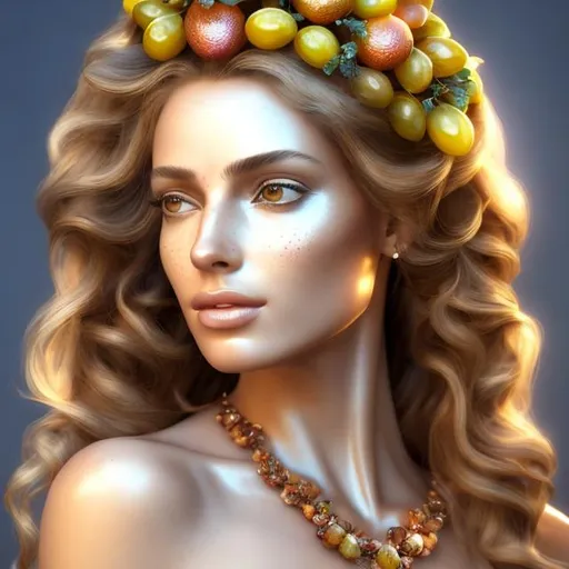 Prompt: HD 4k 3D, hyper realistic, professional modeling, ethereal  Greek goddess of fruit trees, amber hair, mixed freckled skin, gorgeous face, gorgeous fruit tree dress, tree jewelry and amber tiara, full body, ambient sunshine glow, fruit tree nymph, landscape, detailed, elegant, ethereal, mythical, Greek, goddess, surreal lighting, majestic, goddesslike aura