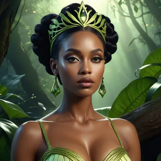 Prompt: HD 4k 3D, hyper realistic, professional modeling, enchanted black voodoo Princess - Tiana, beautiful, magical, detailed, highly realistic woman, high fantasy background, bayou, elegant, ethereal, mythical, Greek goddess, surreal lighting, majestic, goddesslike aura, Annie Leibovitz style 