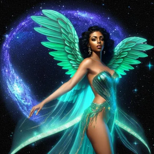 Prompt: HD 4k 3D, hyper realistic, professional modeling, ethereal Greek goddess of the stars, emerald green hair, mixed skin, gorgeous face, gorgeous dark metallic glittering dress,  dark glittering metallic jewelry and tiara of stars, angel wings, full body, ambient starlight glow, dark star, dark cosmos, black hole, dazzling light, landscape, detailed, elegant, ethereal, mythical, Greek, goddess, surreal lighting, majestic, goddesslike aura