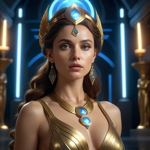 Prompt: HD 4k 3D 8k professional modeling photo hyper realistic beautiful woman Sci-Fi Space Princess ethereal greek goddess gorgeous face full body surrounded by ambient glow, cosmic, enchanted, magical, detailed, highly realistic woman, high fantasy Naboo background, elegant, mythical, surreal lighting, majestic, goddesslike aura, Annie Leibovitz style 

