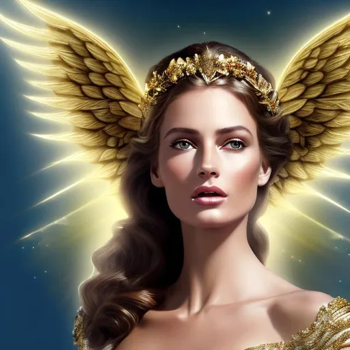 Prompt: HD 4k 3D 8k professional modeling photo hyper realistic beautiful woman ethereal greek goddess of victory
gold hair bright eyes gorgeous face dark freckled skin elegant greek dress with jewelry and headband holding laurel wreath gold sandals angel wings in flight close up surrounded by ambient glow hd landscape background she is in flight through the clouds 
