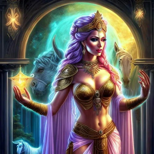 Prompt: HD 4k 3D, hyper realistic, professional modeling, ethereal Greek warrior goddess of mysteries, pink half up hair, white skin, gorgeous face, gorgeous priestess gown and veil, pagan jewelry, full body, ambient glow, mistress goddess, standing next to a stallion, detailed, elegant, ethereal, mythical, Greek, goddess, surreal lighting, majestic, goddesslike aura