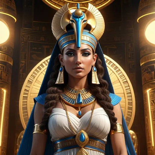 Prompt: HD 4k 3D, 8k, hyper realistic, professional modeling, ethereal Egyptian Queen Goddess Hathor, beautiful, glowing medium skin, brown hair, mythical clothing and jewelry, diadem, Goddess of the Sky, full body, powerful and vengeful, Palace in the Sky, surrounded by ambient divine glow, detailed, elegant, surreal dramatic lighting, majestic, goddesslike aura