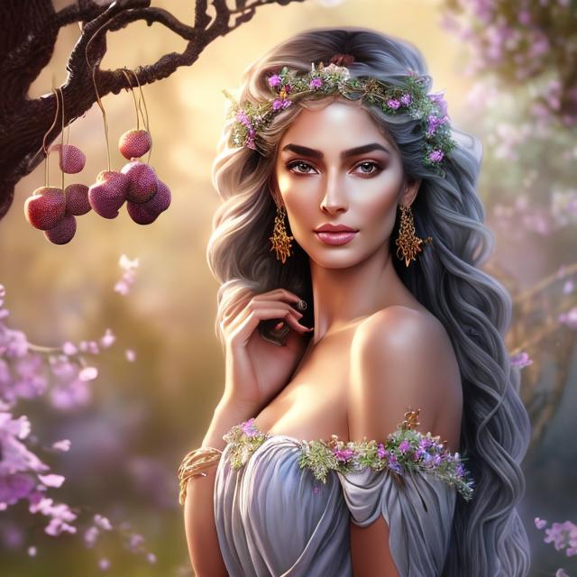 Prompt: HD 4k 3D, hyper realistic, professional modeling, ethereal mischievous Greek goddess of apple trees, light gray hair, mixed skin, gorgeous face, gorgeous tree inspired dress, rustic jewelry and tree headpiece, full body, ambient glow, fruit tree orchard, landscape, detailed, elegant, ethereal, mythical, Greek, goddess, surreal lighting, majestic, goddesslike aura