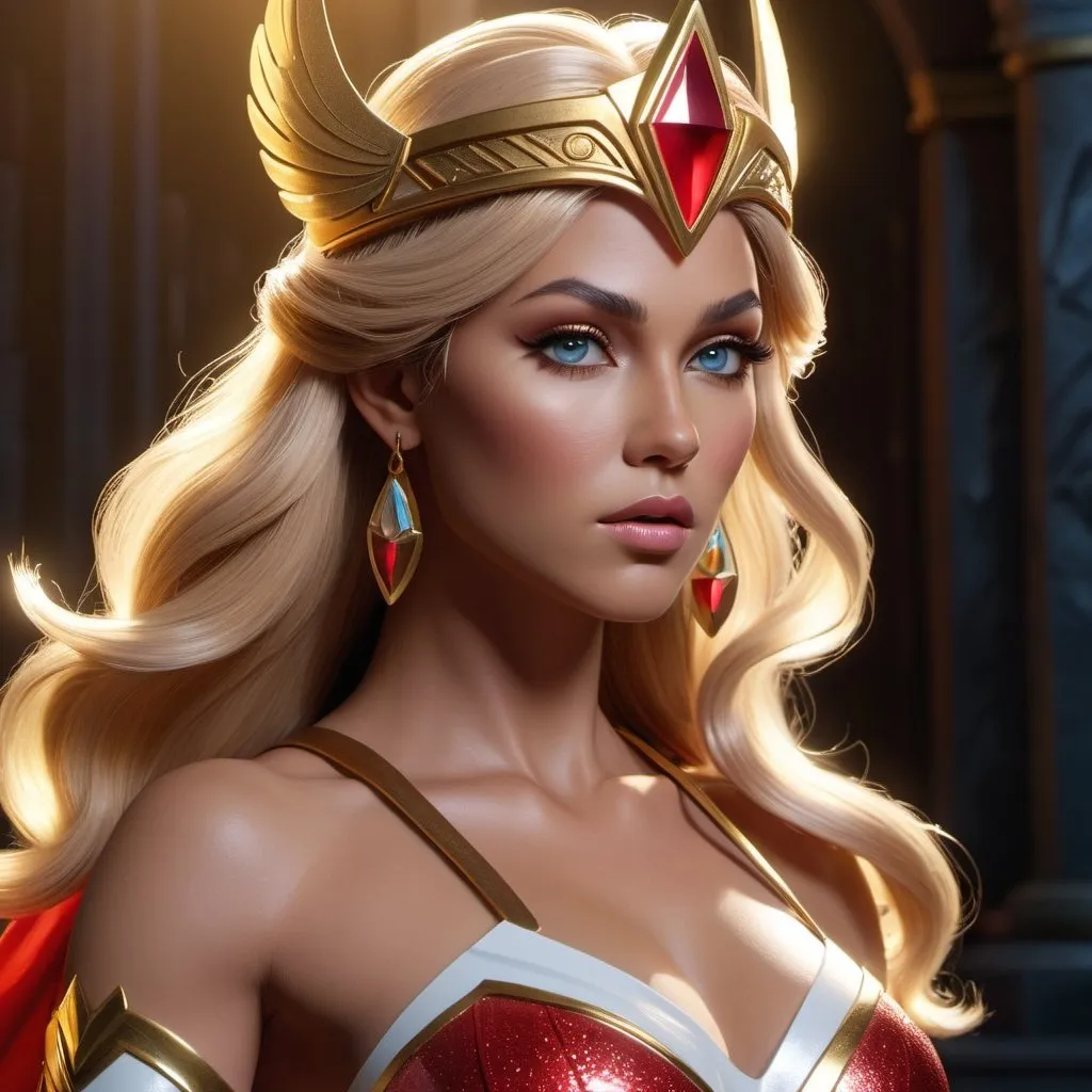 Prompt: HD 4k 3D, hyper realistic, professional modeling, ethereal Princess Adora - She-Ra, beautiful, powerful, fantasy land, detailed, elegant, ethereal, mythical, Greek, goddess, surreal lighting, majestic, goddesslike aura