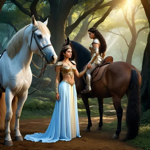 Prompt: HD 4k 3D 8k professional modeling photo hyper realistic beautiful woman enchanted, Narnia Princess Aravis, Aravis is a young Tarkheena, a female member of the ruling nobility of Calormen. With her horse, Hwin, who is eventually revealed to be a talking beast from the land of Narnia, she flees her home, to escape an arranged marriage with Ahoshta Tarkaan. Aravis is a strong character whose confidence, bravery, and loyalty are offset by arrogance and self-centeredness. She is also said to be an amazing storyteller, which is partly the result of her upbringing: the art of telling stories forms part of the education of the nobility. ethereal greek goddess, full body surrounded by ambient glow, magical, highly detailed, intricate, outdoor  landscape, high fantasy background, elegant, mythical, surreal lighting, majestic, goddesslike aura, Annie Leibovitz style 

