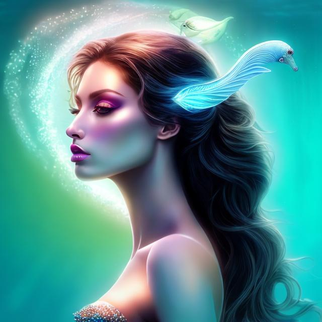 Prompt: HD 4k 3D 8k professional modeling photo hyper realistic beautiful woman ethereal greek goddess sea nymph of calm seas
black hair dark skin gorgeous face  ocean jewelry ocean headband headpiece mermaid tail full body surrounded by ambient glow hd landscape under the ocean calm waters jellyfish 

