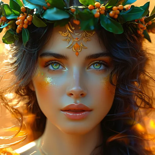 Prompt: Salas, Ancient Orange Goddess of Public Welfare, Pre-Raphaelite time-lapse motion blur Abstract* cyber graffiti, High resolution, detailed portrait, Midjourney style, ethereal atmosphere, flowing hair, captivating eyes, cosmic mystical aura, vibrant colors, soft lighting, professional, digital painting, enchanting presence, fantasy, dreamy, female, mystical, detailed hair, captivating gaze, professional lighting, hyper realistic, HD 4k 3D, professional modeling, ethereal, gorgeous face, ambient divine glow, detailed and intricate, elegant, ethereal, mythical, goddess, radiant lighting, majestic, goddesslike aura, symbolism of laurel wreath