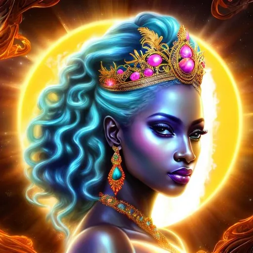 Prompt: HD 4k 3D, hyper realistic, professional modeling, ethereal Greek goddess of sunrise, green and light blue twists hair, dark skin, orange and pink shimmering gown, gorgeous face, sparkling jewelry and tiara, full body, ambient glow of sunrise, alluring sun goddess on the horizon, detailed, elegant, ethereal, mythical, Greek, goddess, surreal lighting, majestic, goddesslike aura
